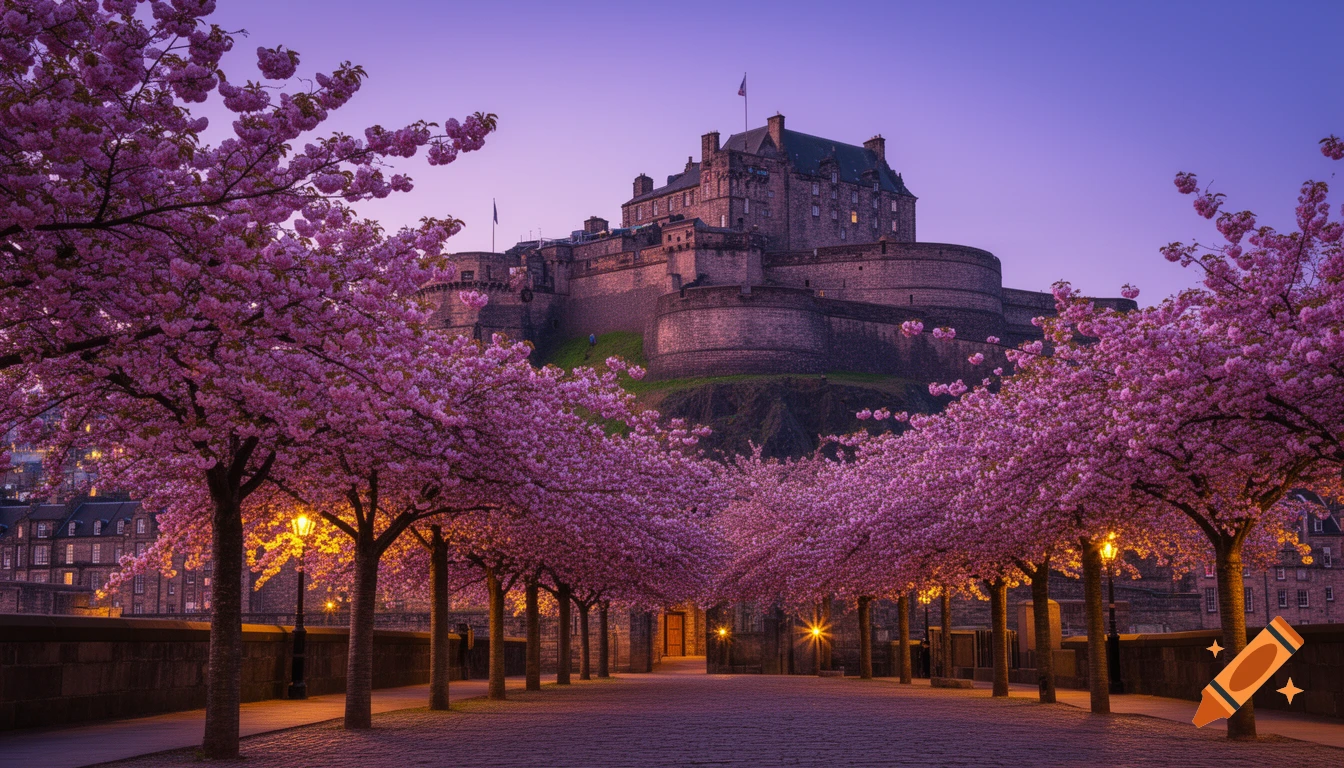 Edinburgh Castle at dusk, framed by rows of illuminated pink cherry blossom trees along a cobblestone path under a purple sky.