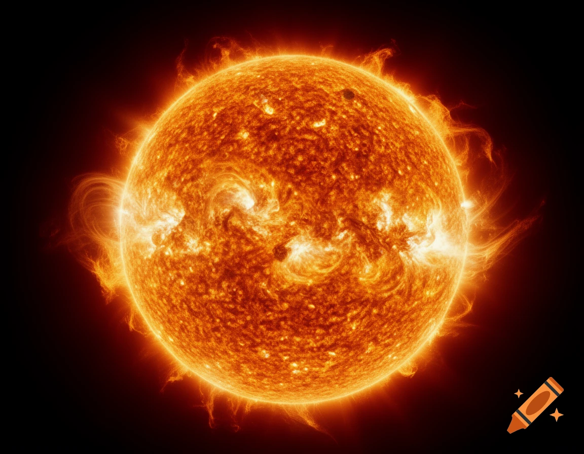 A photorealistic image of the sun, a glowing orange and yellow sphere with solar flares erupting from its surface, set against a black background.