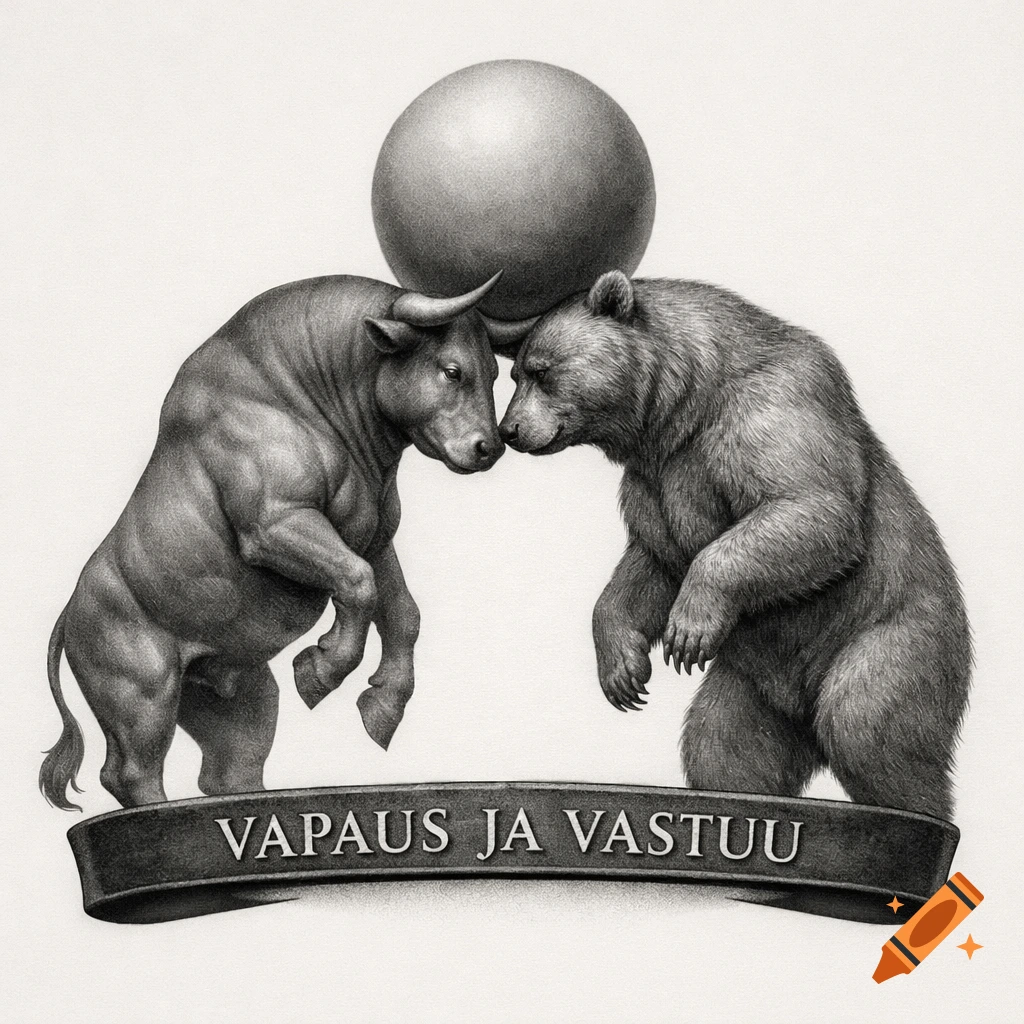 Black and white pencil drawing of a bull and bear standing on hind legs, balancing a sphere with text 'VAPAUS JA VASTUU' below.