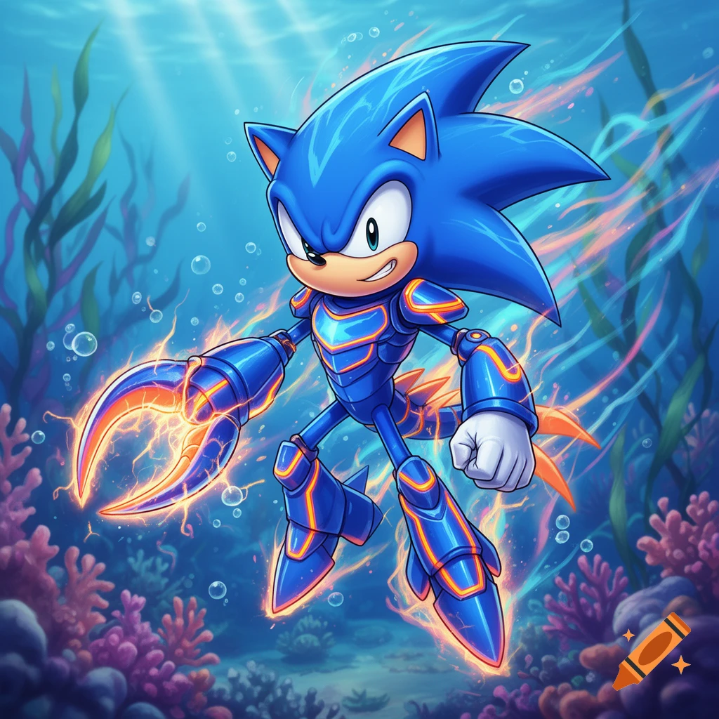 Blue Sonic-style hedgehog in a futuristic blue and orange armored suit with a glowing claw floats in an underwater scene with coral and seaweed.
