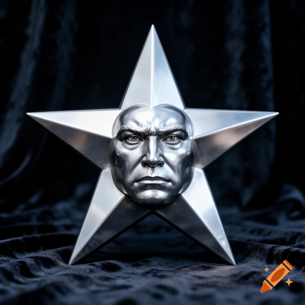 A silver metallic five-pointed star with a stern male face embossed in its center, set against a dark, velvety background.