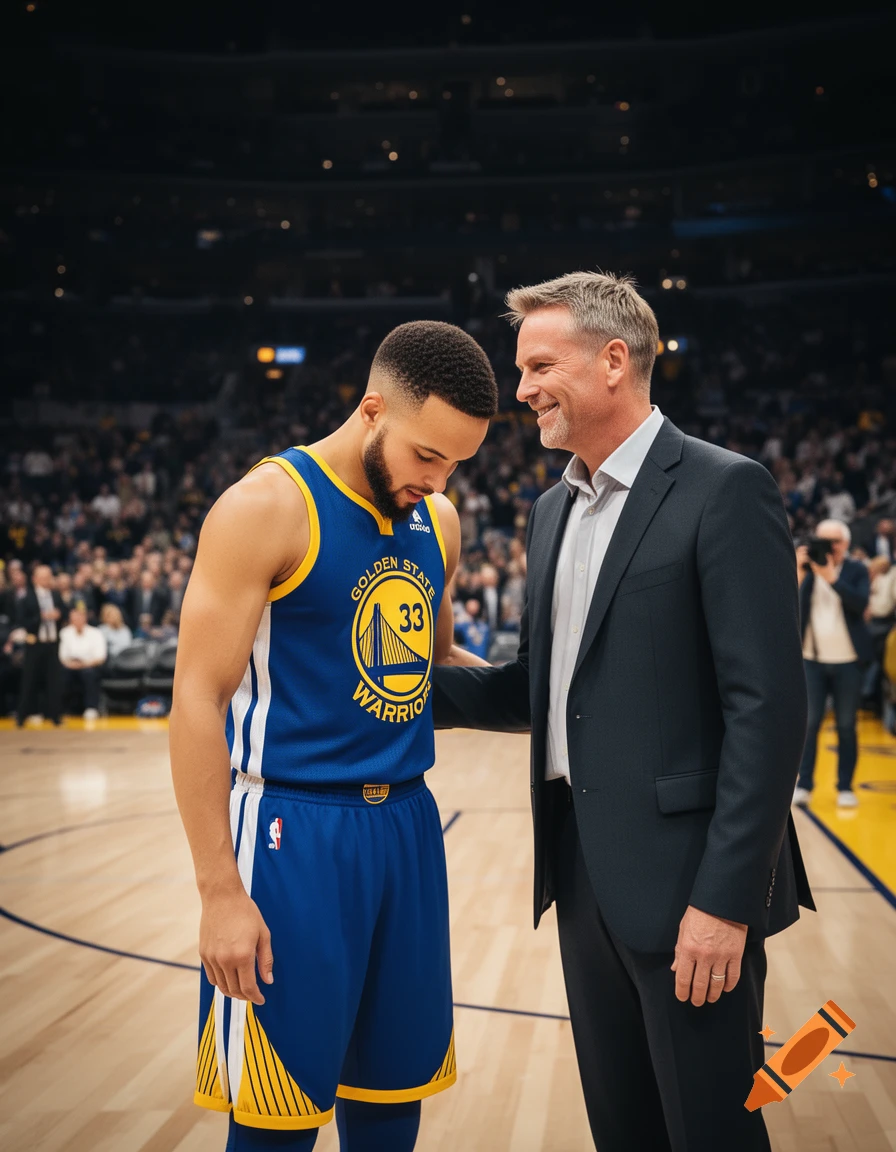 Stephen Curry in a Warriors jersey looks down while Steve Kerr smiles, hand on his back, on a basketball court.