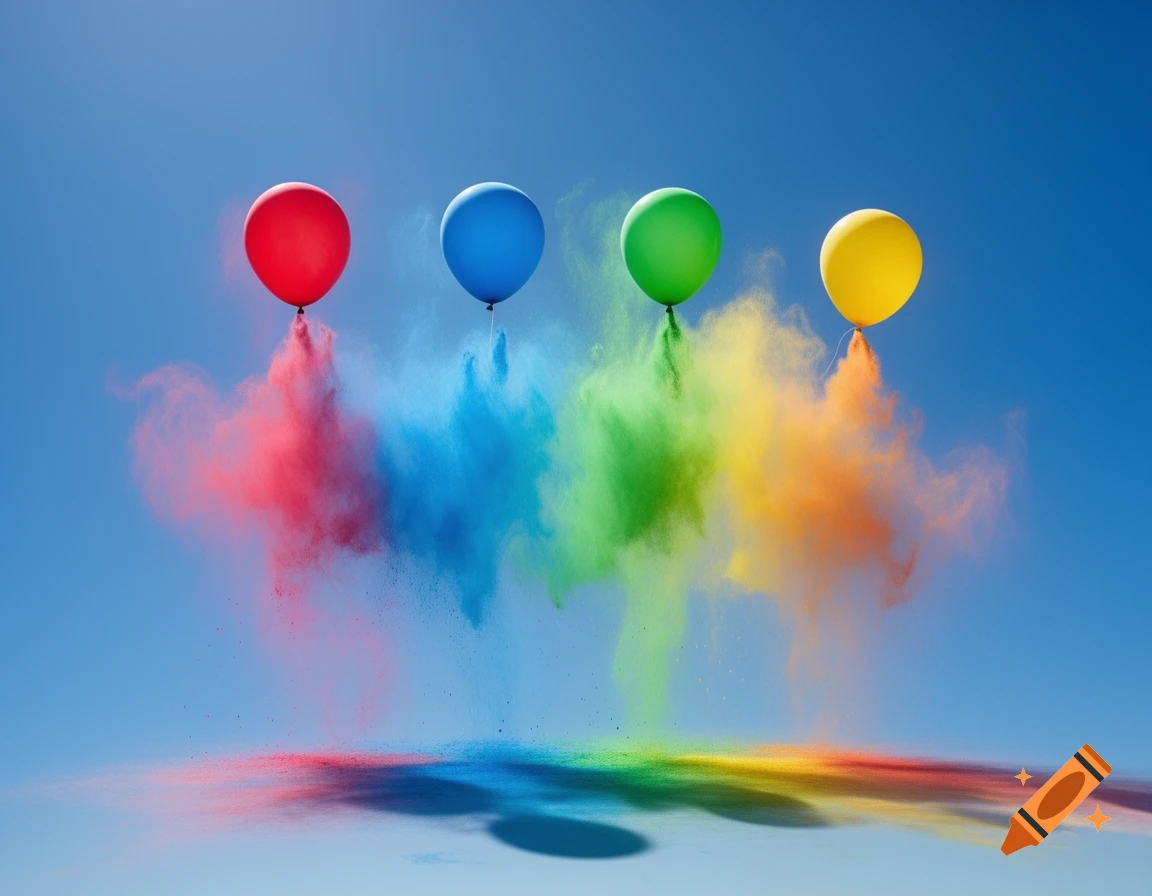 Four vibrant balloons release trails of red, blue, green, and yellow powder that blend into a rainbow on a clear blue sky.