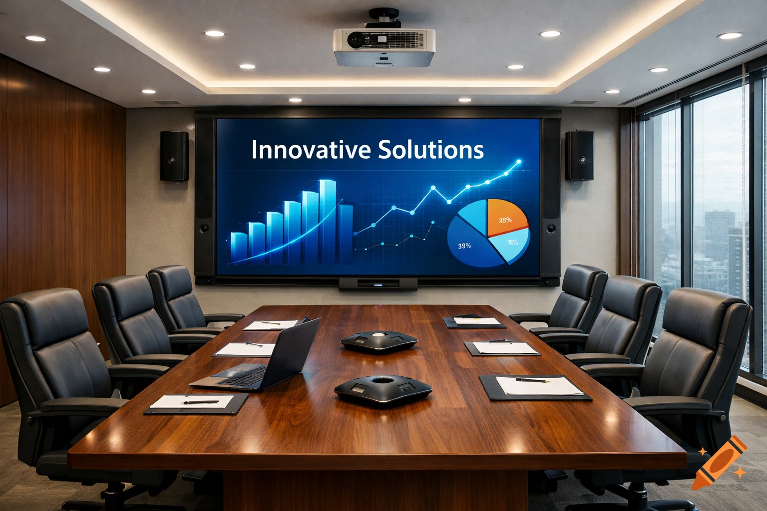 A modern conference room with a large screen displaying 'Innovative Solutions' and business charts, a wooden table, and leather chairs.