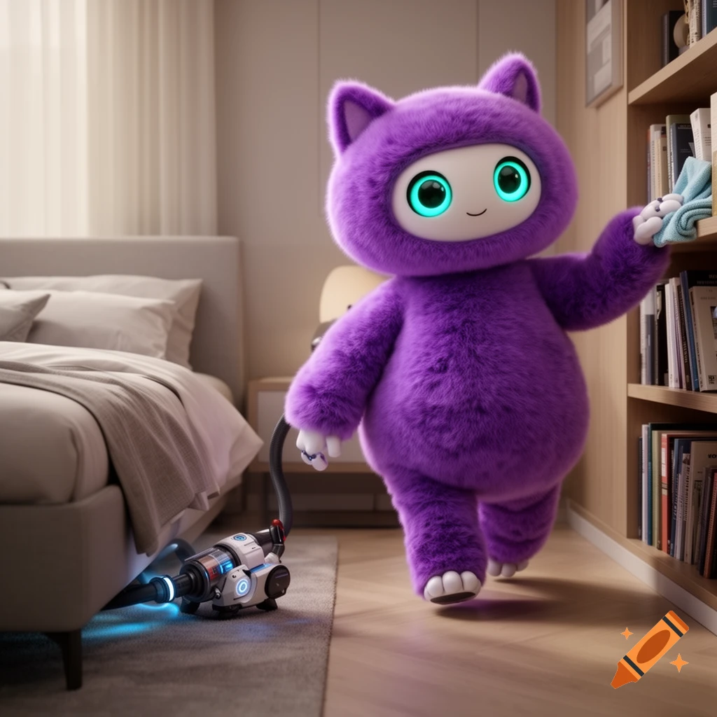 A fluffy purple cat-like robot with glowing turquoise eyes vacuums under a bed and dusts a bookshelf in a tidy bedroom. Photorealistic.