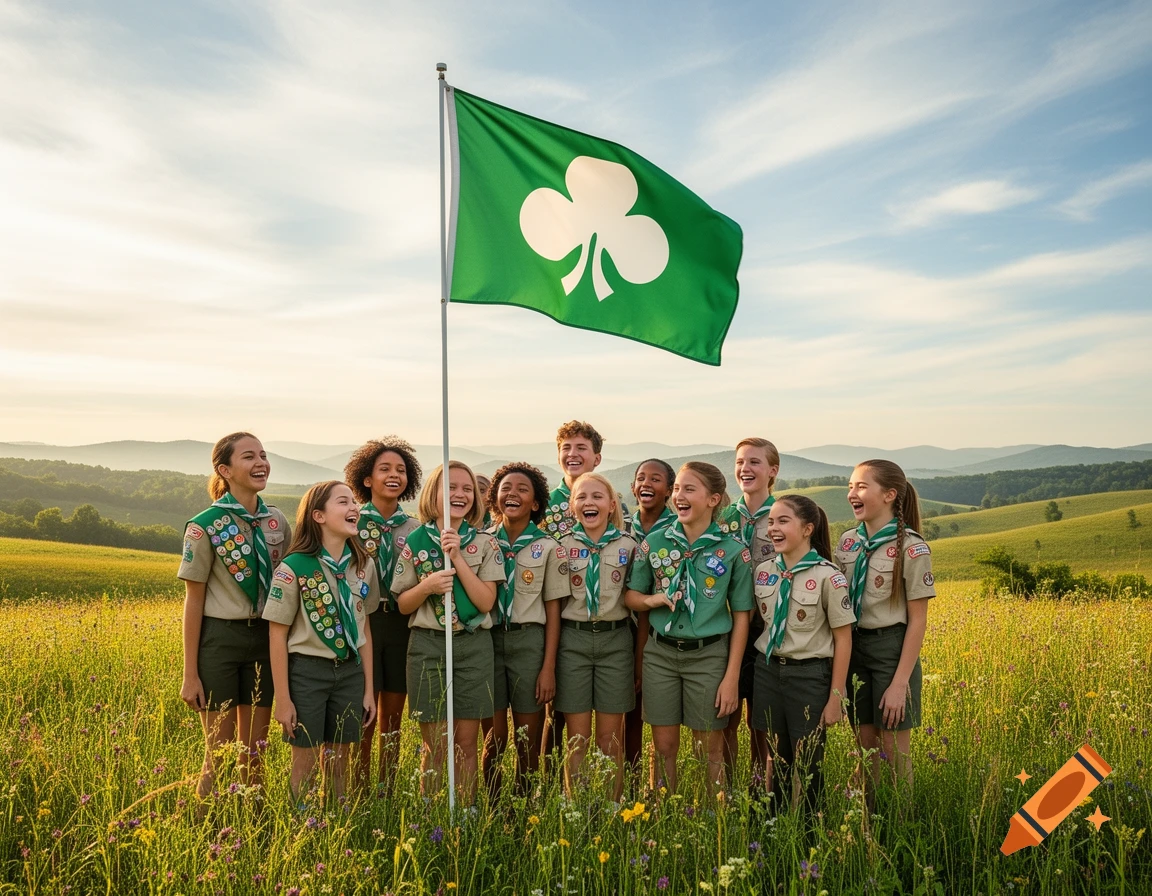A diverse group of smiling children in scout uniforms stand proudly in a sunny wildflower field, holding a green flag with a white shamrock.