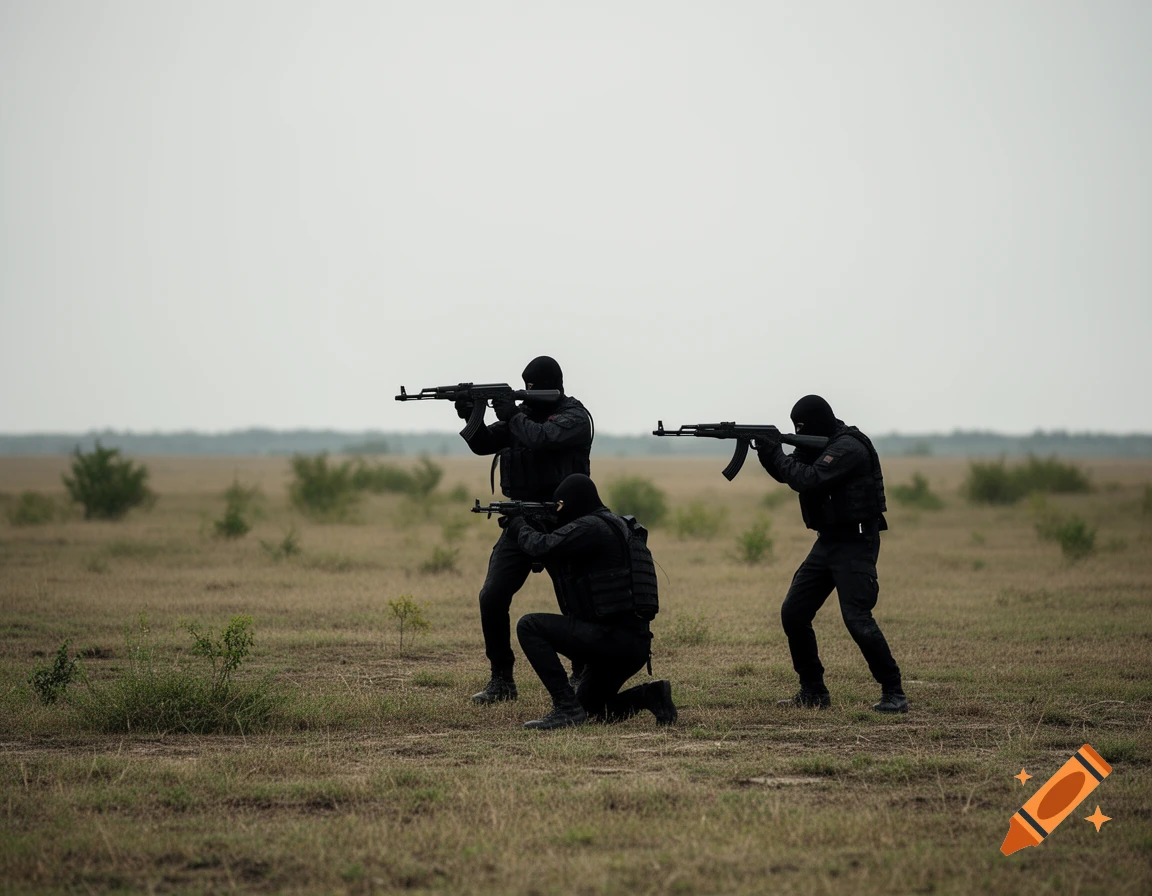 Three masked figures in black tactical gear hold assault rifles in an open, grassy field under an overcast sky, two standing and one kneeling.