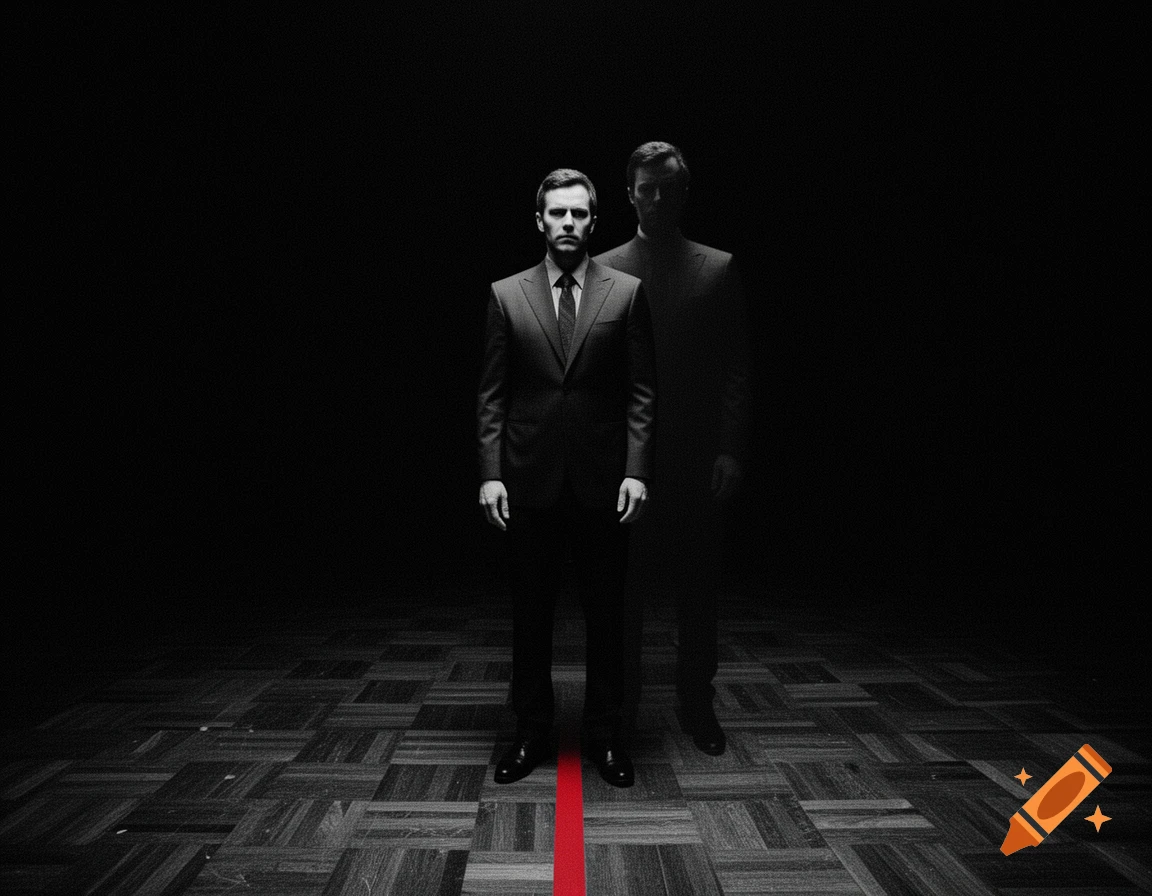 A cinematic black and white photo of a man in a suit standing on a dark wooden floor with a red line, a faint unsettling shadow figure behind him.