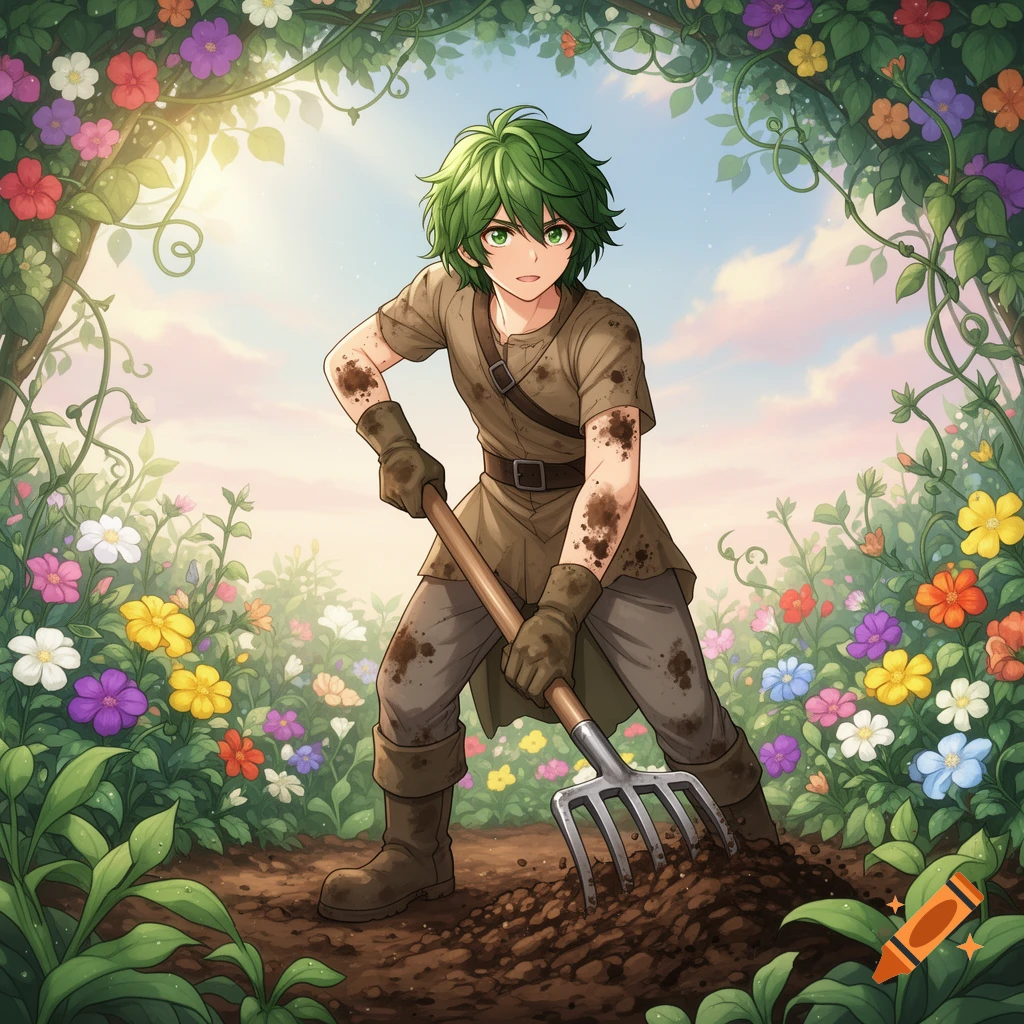 Anime character with green hair digging in a vibrant flower garden with a pitchfork.