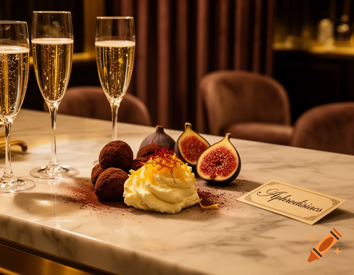 Two glasses of champagne, chocolate truffles, halved figs, and whipped cream with saffron sit on a white marble table with a card that says "Aphrodisiacs".