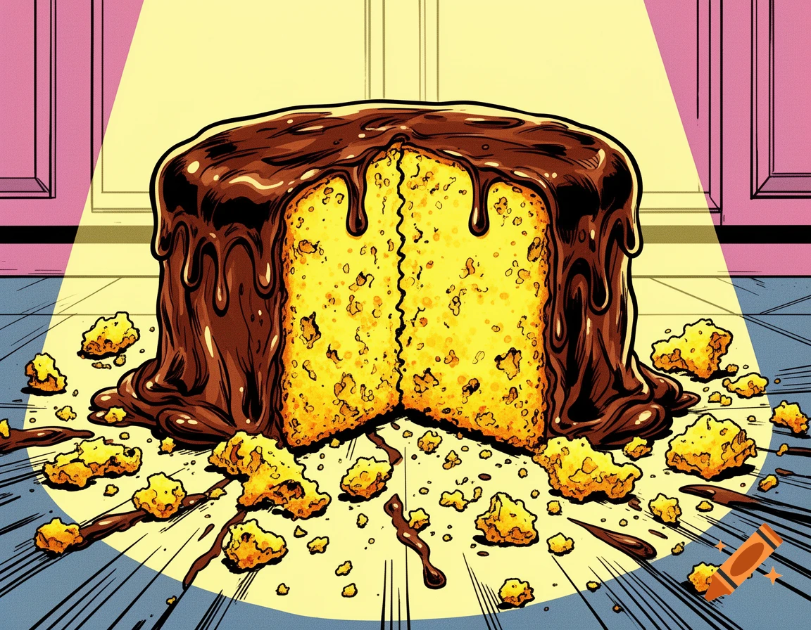 Pop art illustration of a chocolate-iced yellow sponge cake splattered and broken into crumbs on a kitchen floor.