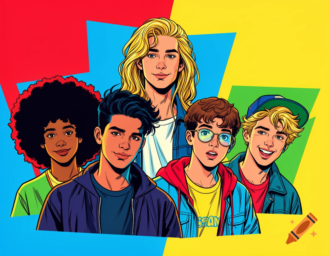 Five cartoon teenagers in a vibrant pop art style: a girl with an afro, two dark-haired boys, a blonde boy, and a boy with glasses.