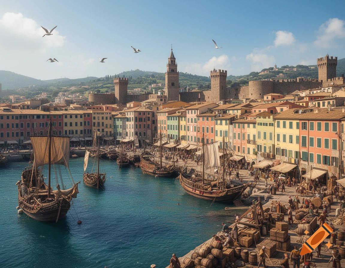 A bustling photorealistic scene of a medieval port city with colorful ...