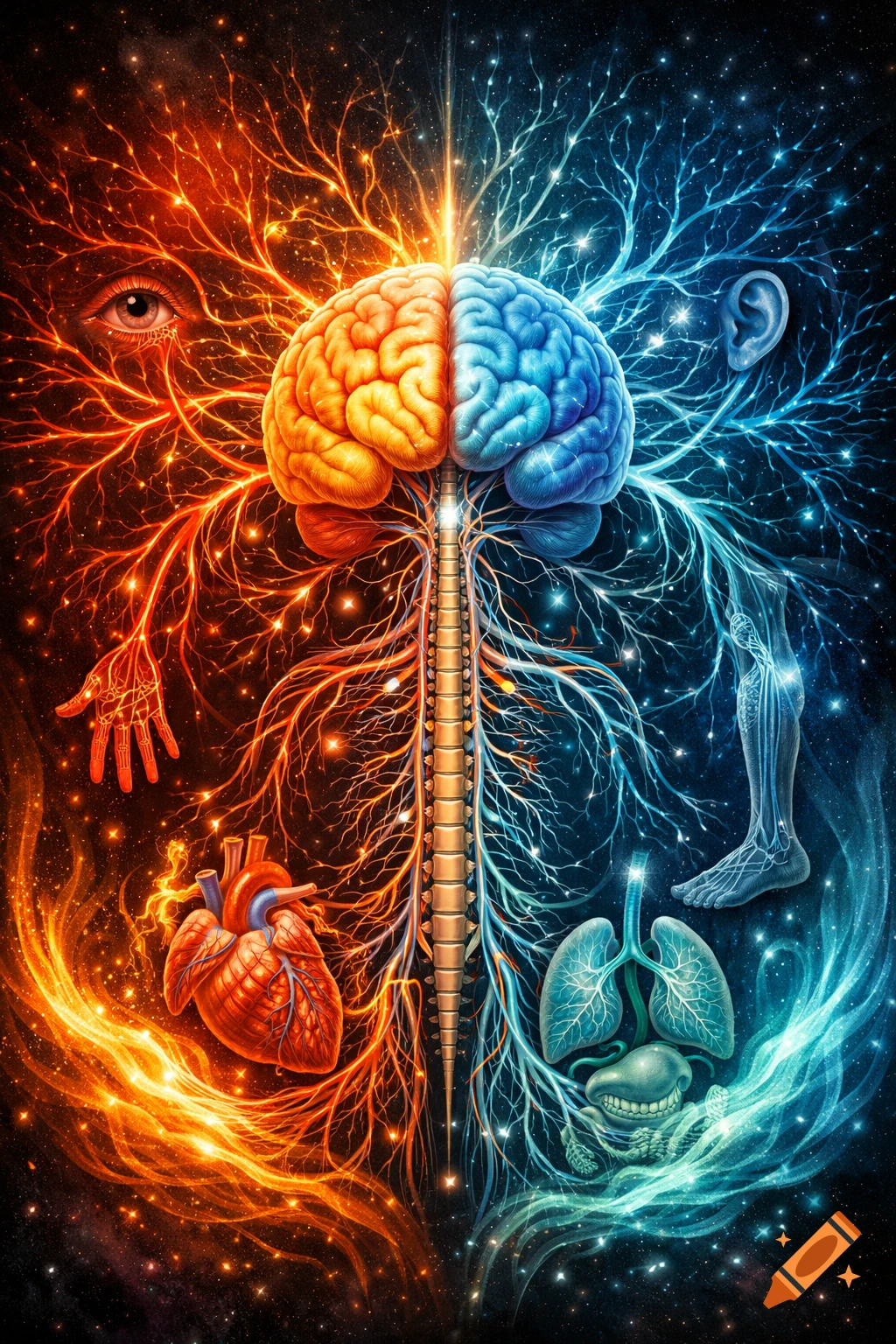 Stylized conceptual art of a human brain and nervous system, split into warm fiery red and cool icy blue halves, showing organs.