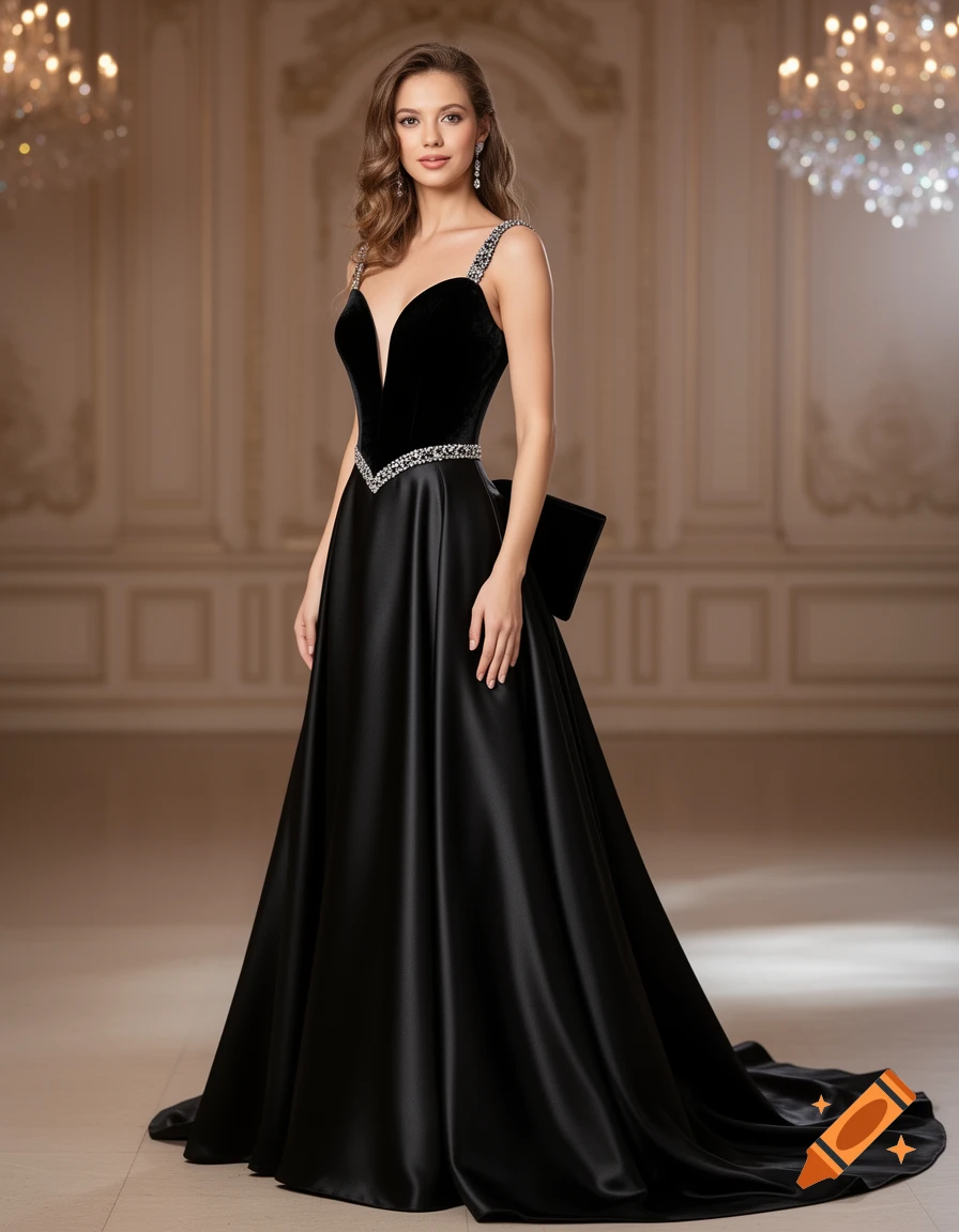 A woman in a black velvet and satin evening dress with jeweled straps and a long train poses in a luxurious room.