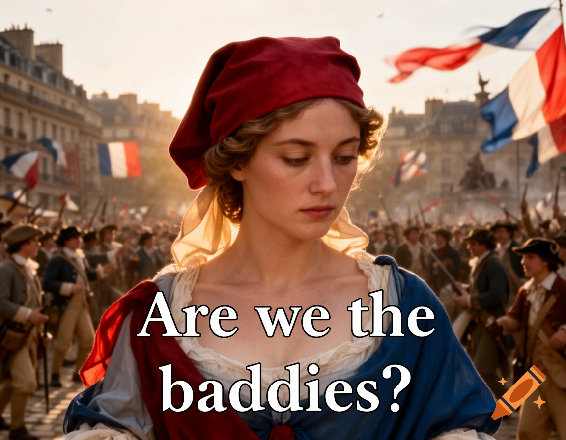 A pensive woman dressed as Marianne during the French Revolution asks, 'Are we the baddies?', surrounded by a crowd and French flags.