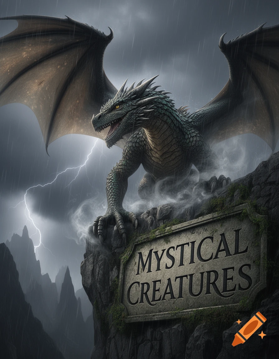A green dragon with large wings perches on a rocky cliff under a stormy sky with lightning, next to a sign reading 'MYSTICAL CREATURES'.