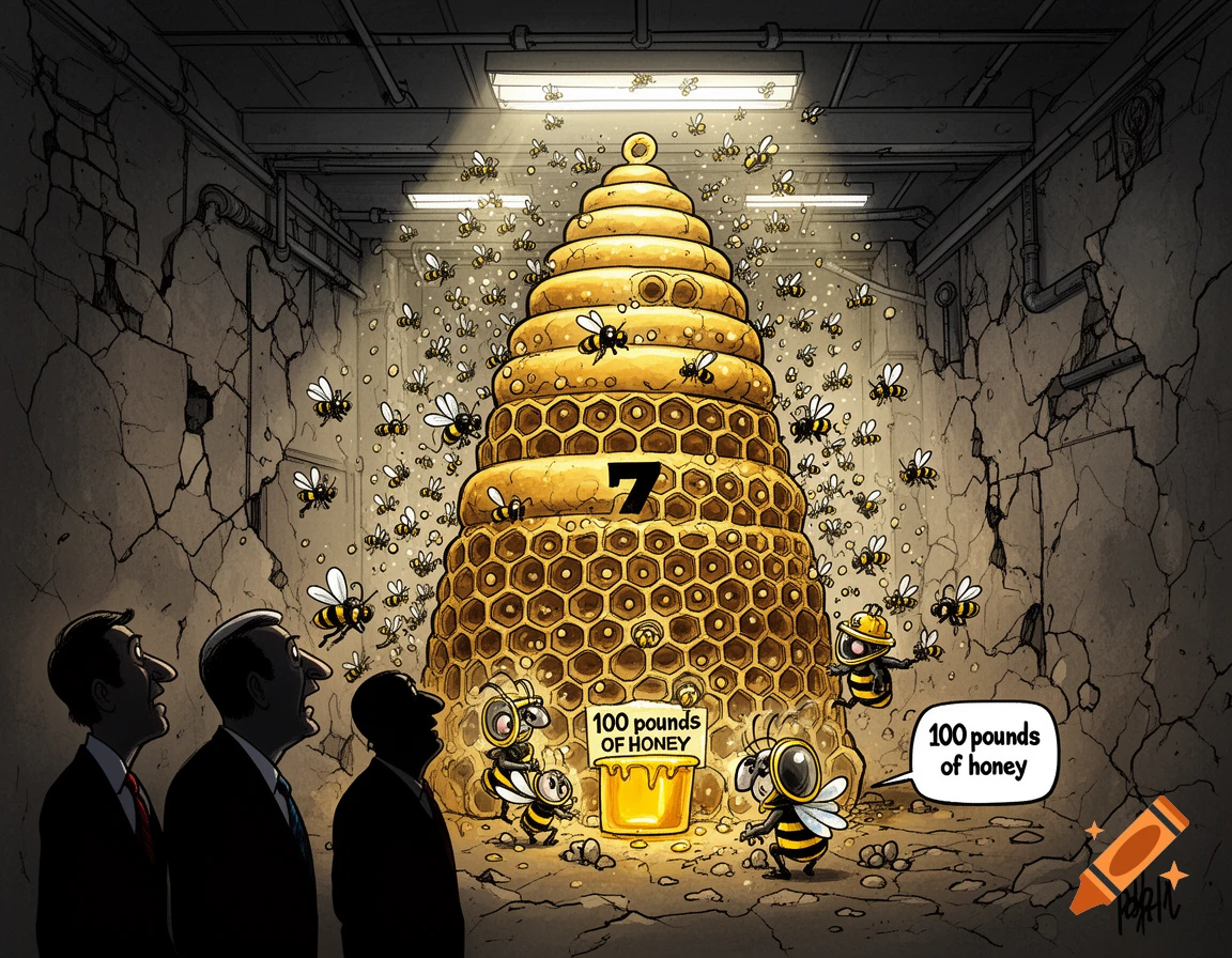 Political cartoon showing three men looking at a massive beehive with a '7' on it in a crumbling bunker, while worker bees collect honey.