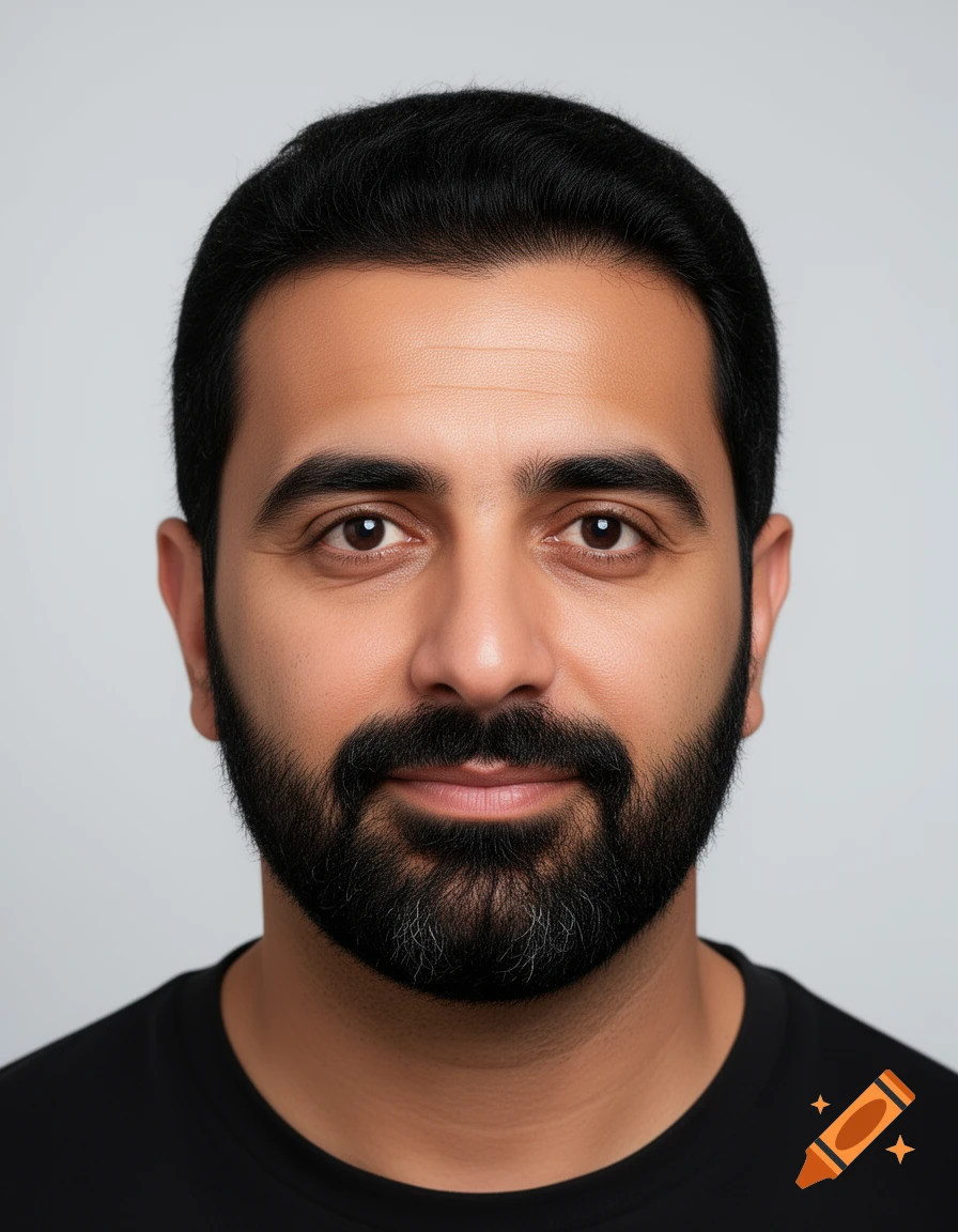 Close-up photorealistic portrait of a man with dark hair and beard against a light gray studio background.