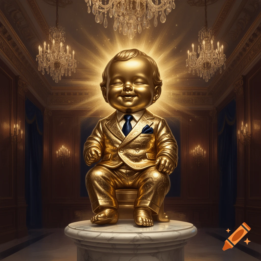 A gleaming gold statue of a baby in a suit sits on a pedestal in a luxurious room with chandeliers.