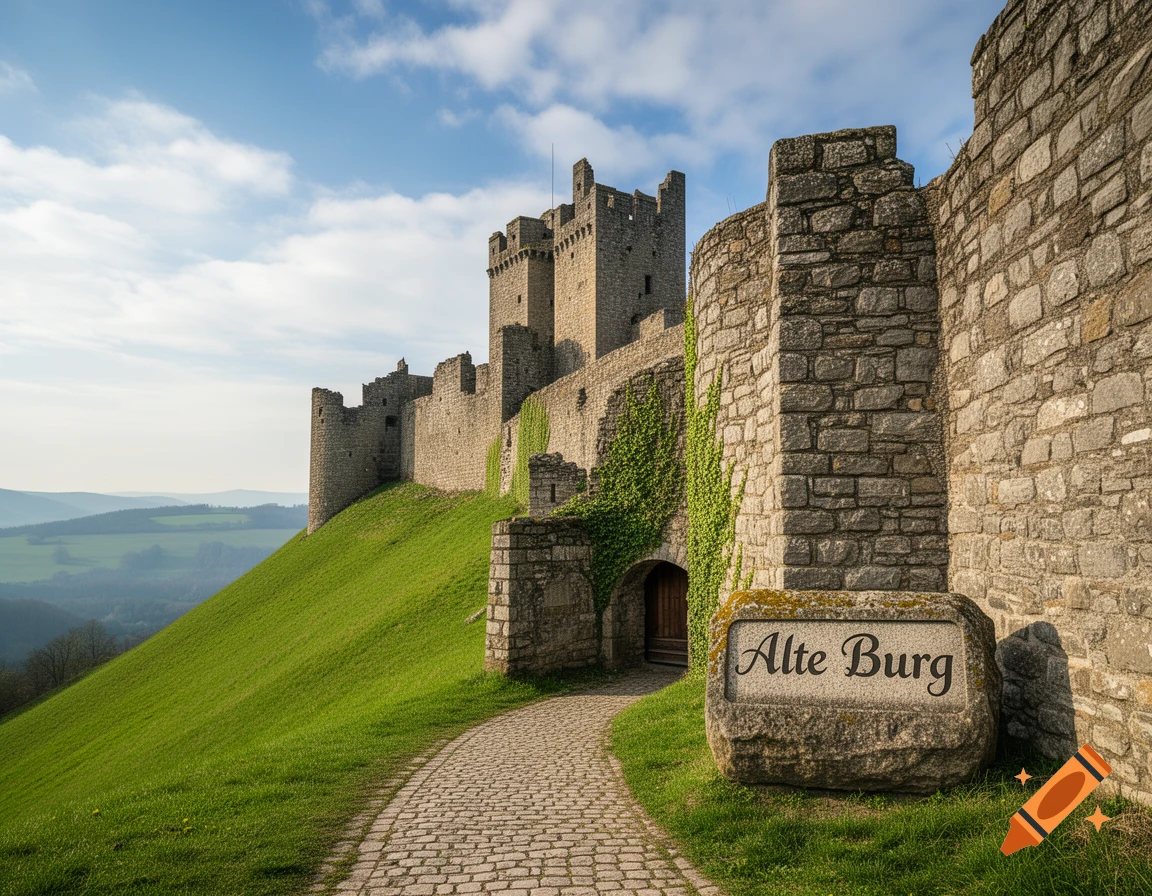 Photorealistic view of a historic stone castle, with 'Alte Burg' on a sign, on a grassy hill under a blue sky.