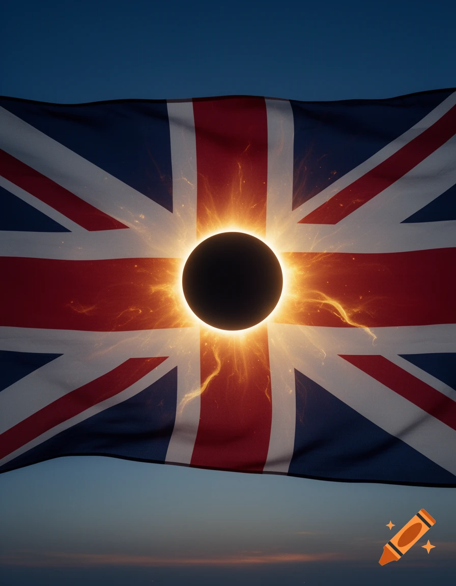 A vibrant Union Jack flag with a fiery solar eclipse at its center against a dusky sky.