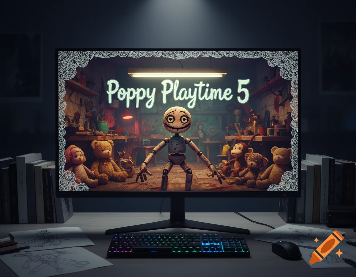 A gaming computer setup displays 'Poppy Playtime 5' on a monitor, featuring a creepy doll and teddy bears in a dark workshop.