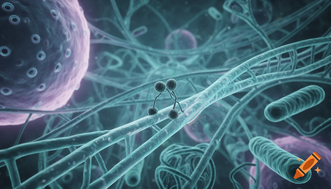 A vibrant 3D scientific illustration of a cell interior, showing a pink nucleus with pores, teal microtubules, and cylindrical organelles.