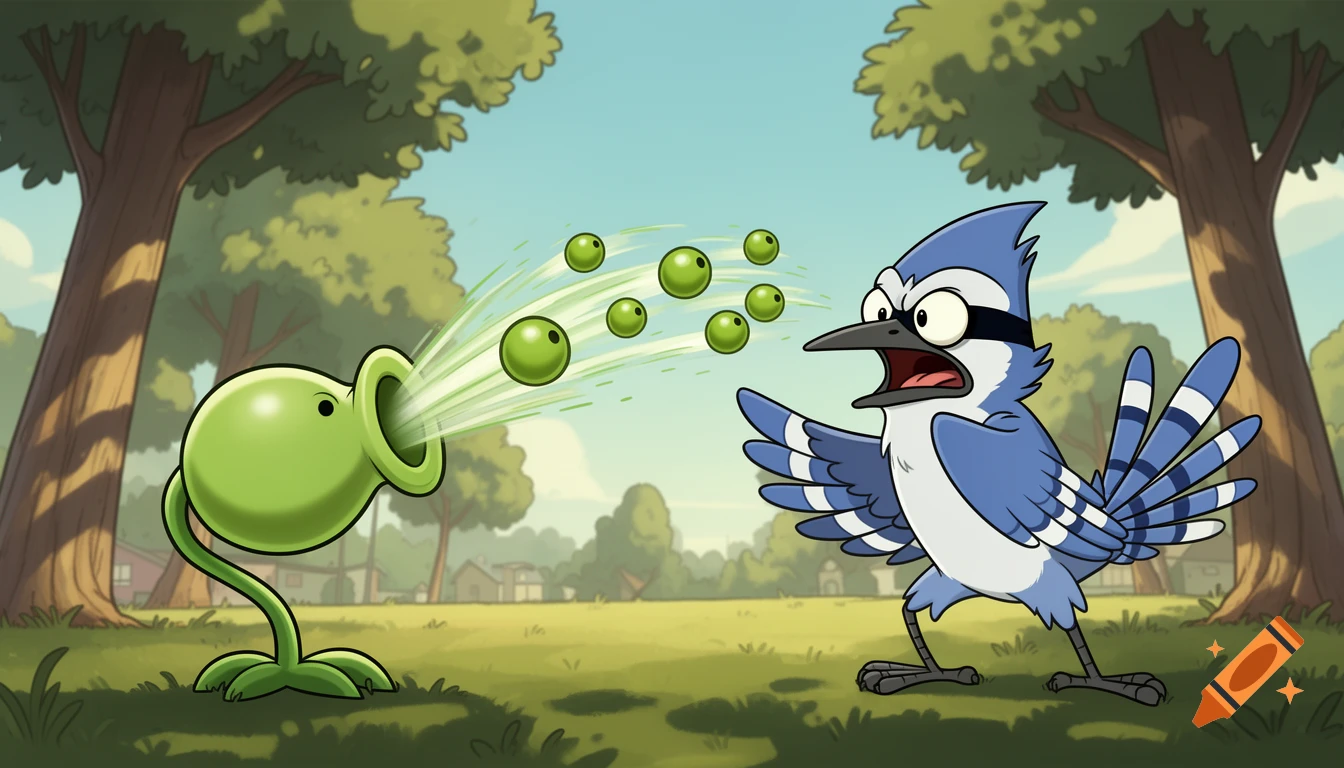 A green Peashooter from Plants vs Zombies shoots peas at a surprised blue Mordecai from Regular Show in a cartoon park.