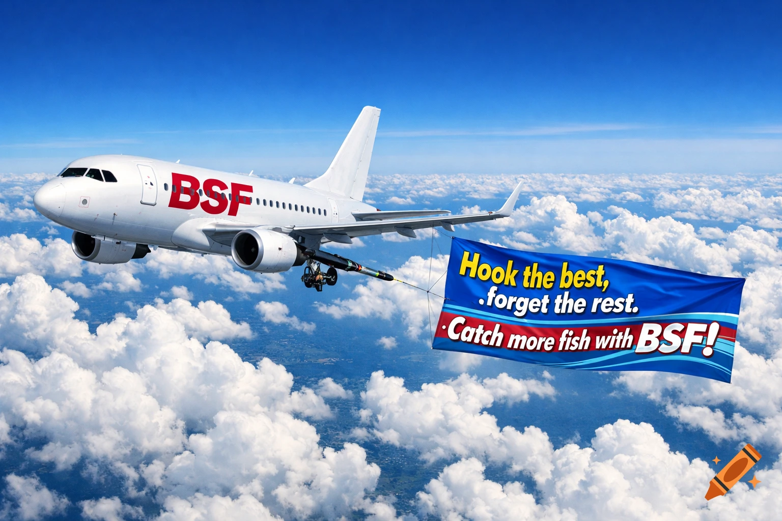 A white airplane with red 'BSF' flies through a blue sky, pulling a blue banner advertising 'Hook the best, forget the rest. Catch more fish with BSF!'
