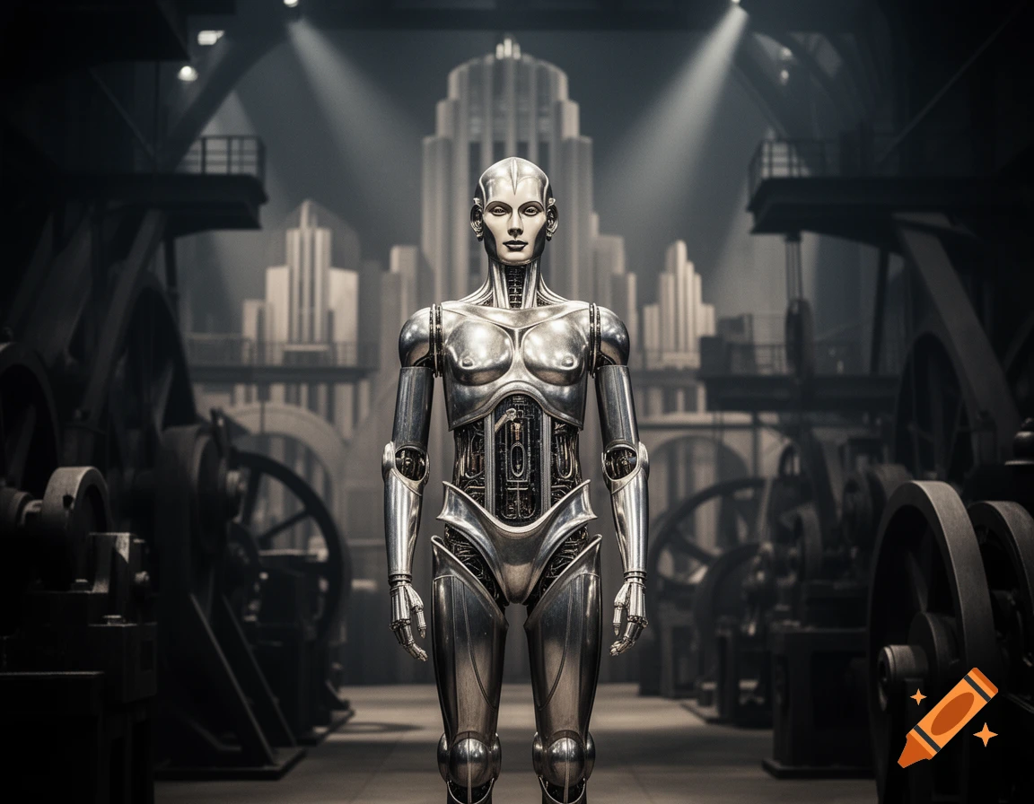 A silver humanoid robot stands in a dark, industrial art deco setting with towering skyscrapers and machinery.