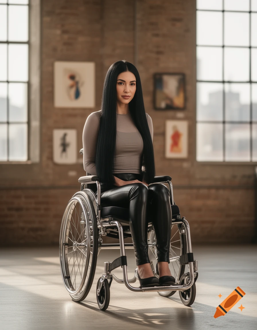 A woman with long black hair sits in a wheelchair, wearing a gray top and black leather pants, in a sunlit loft with brick walls and artwork.