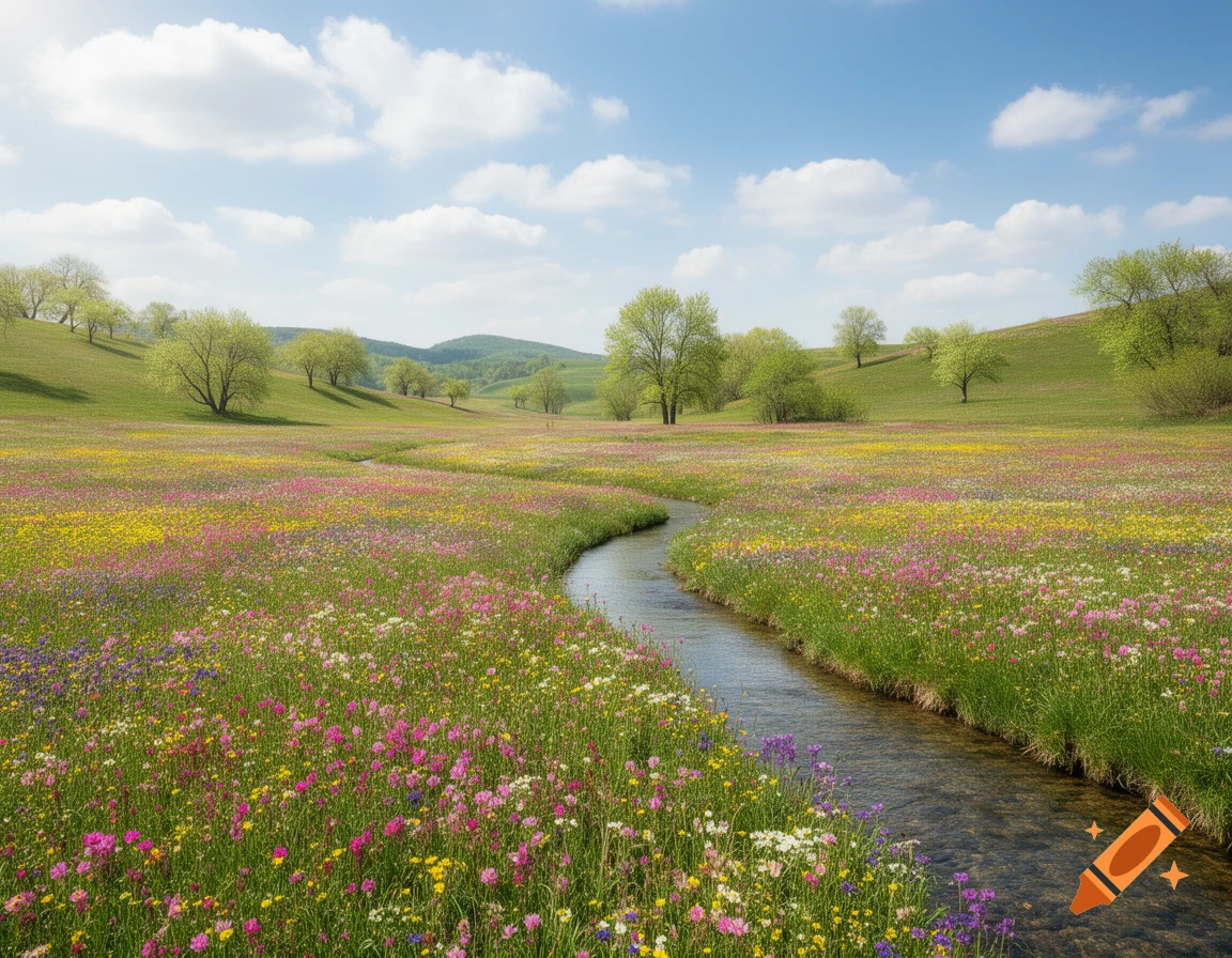 A vibrant spring landscape with a winding stream flowing through a field of colorful wildflowers under a blue sky.