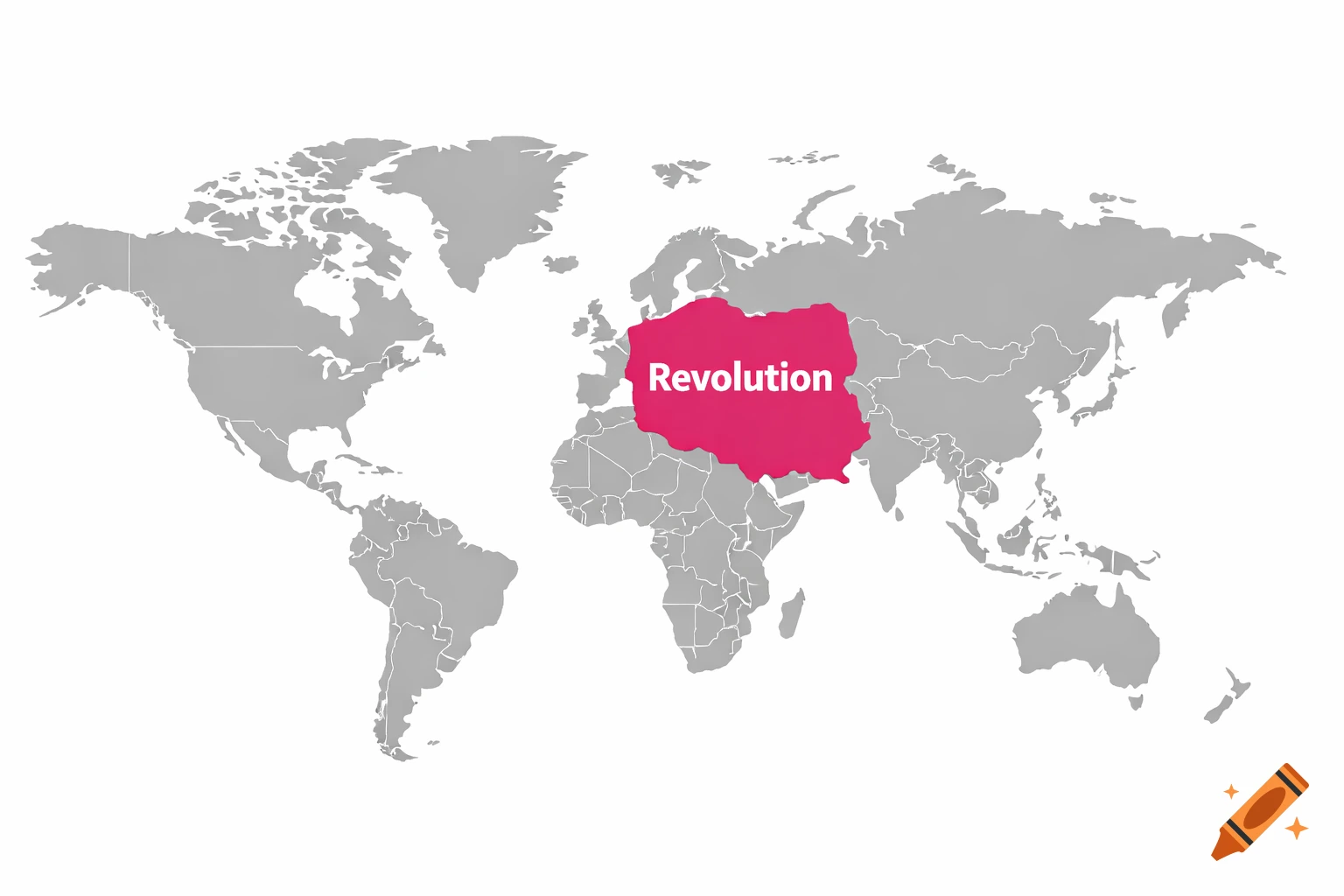 A gray world map with Poland highlighted in pink, containing the white text 'Revolution'.