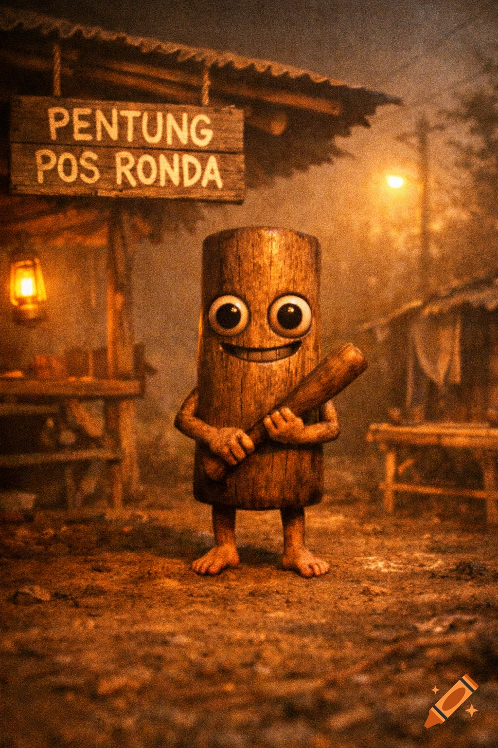 A creepy wooden character with big eyes and an uncanny smile holds a bat in a foggy, warmly lit rural night scene with a 'PENTUNG POS RONDA' sign.