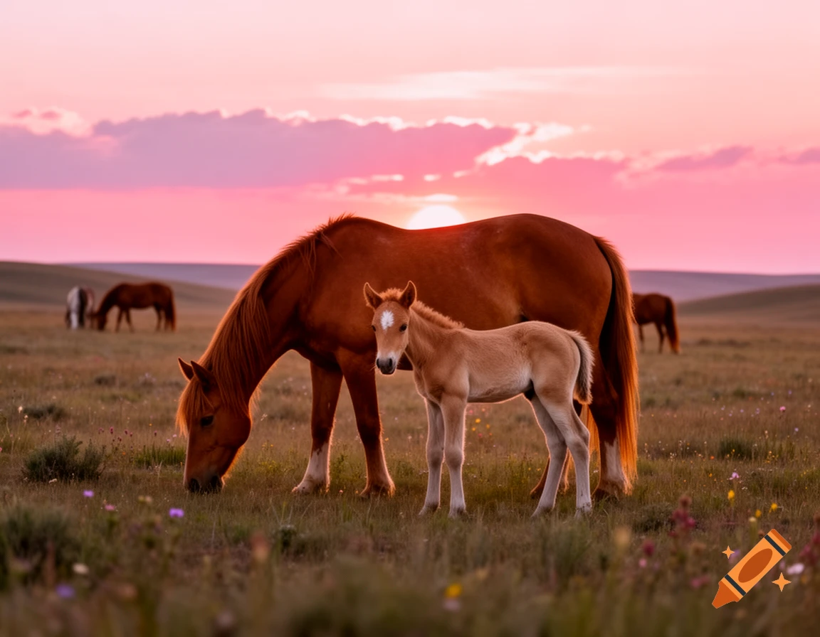 A brown mare and its light brown foal stand in a grassy field with wild flowers, bathed in the pink and orange light of a sunset.