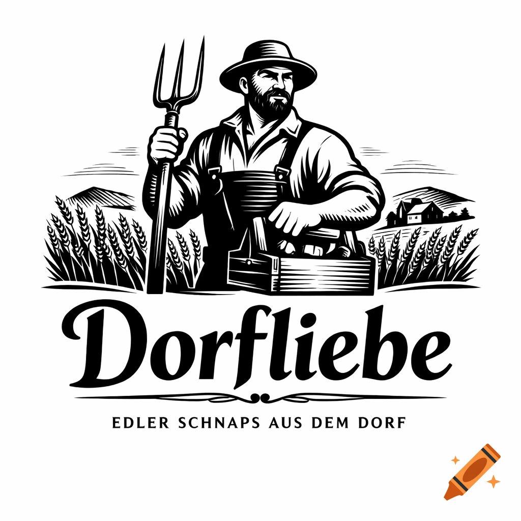 Black and white illustration of a bearded farmer holding a pitchfork and toolbox, with wheat fields and a house in the background. Text reads "Dorfliebe EDLER SCHNAPS AUS DEM DORF".
