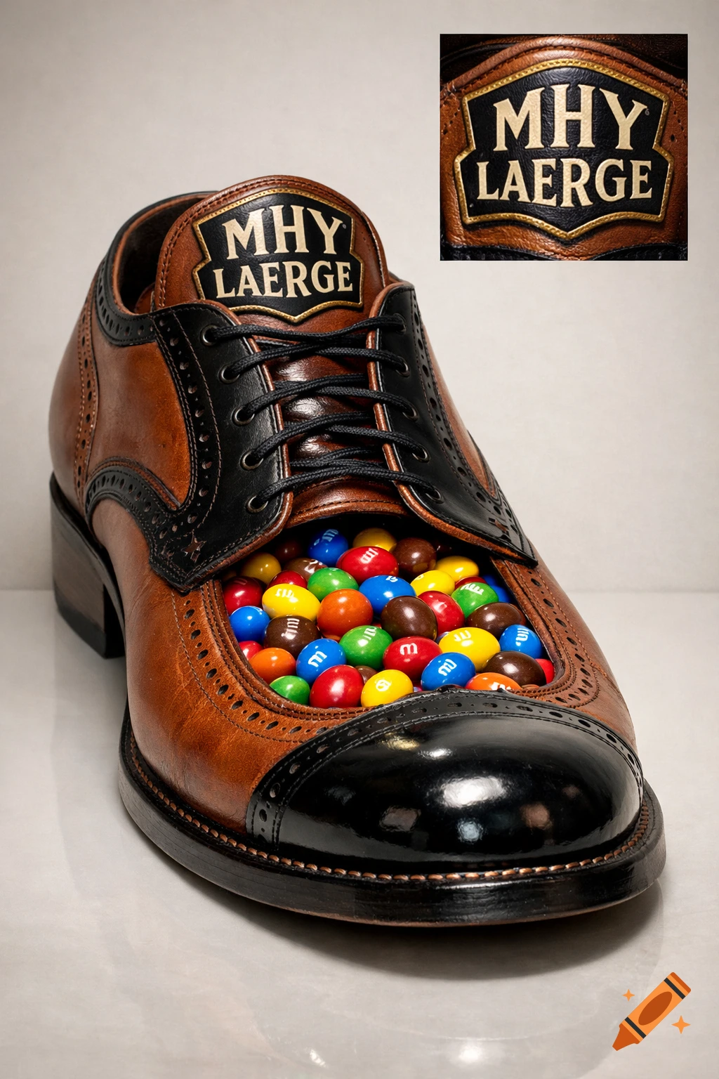A brown and black leather brogue shoe filled with colorful M&M candies, with 'MHY LAERGE' on the shoe tongue.