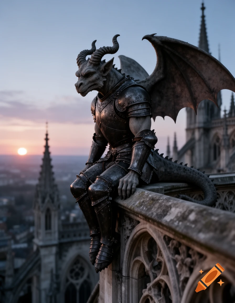 A photorealistic armored gargoyle with horns and wings sits on a gothic cathedral ledge overlooking a city at sunset.