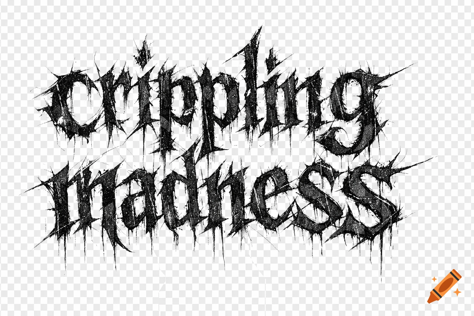 Distorted, spiky black text reading 'crippling madness' on a transparent background.