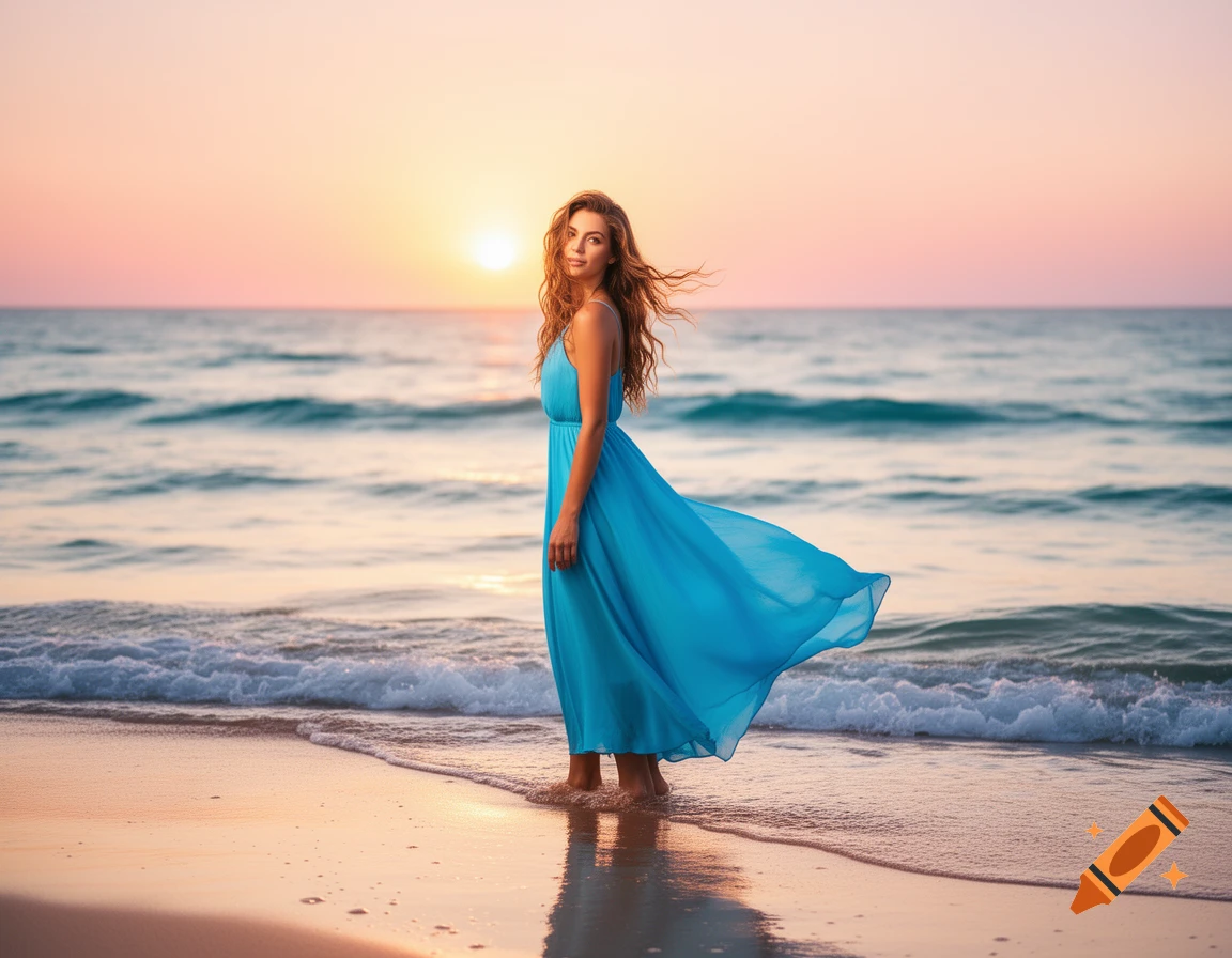 A beautiful woman in a flowing blue dress stands on a beach at sunset ...
