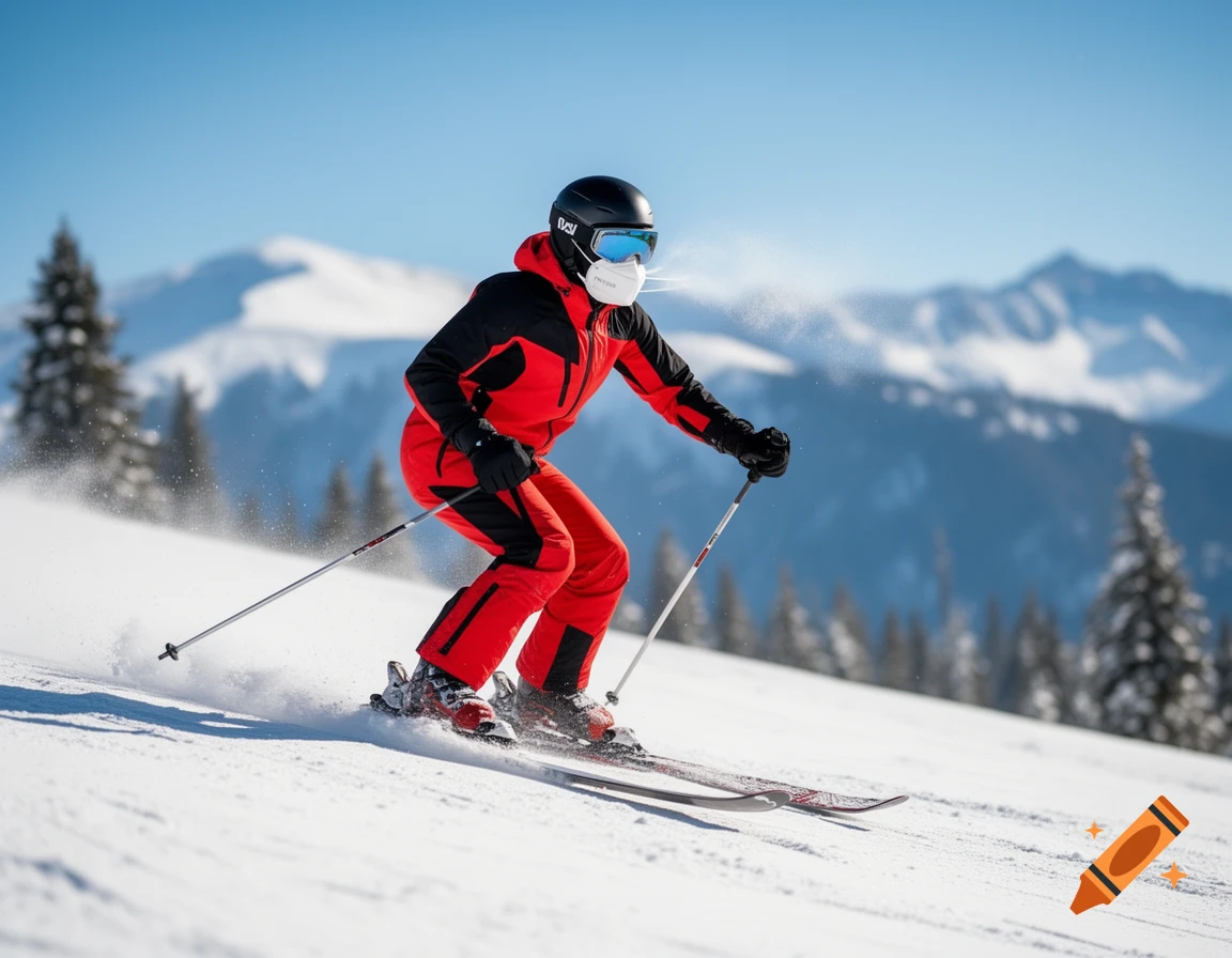 A skier in a red and black suit wearing a KN95 mask and goggles skis down a snowy mountain slope on a sunny day.