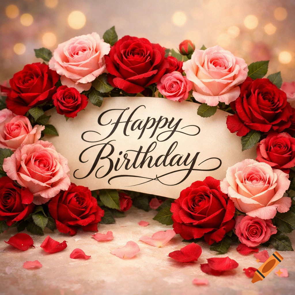 A 'Happy Birthday' banner surrounded by red and pink roses and scattered petals, set against a soft, bokeh background.