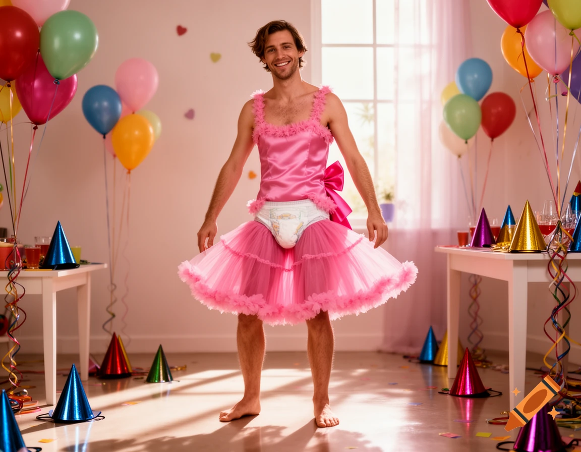 A smiling man in a pink tutu dress and diaper stands barefoot in a room decorated with party balloons and hats.