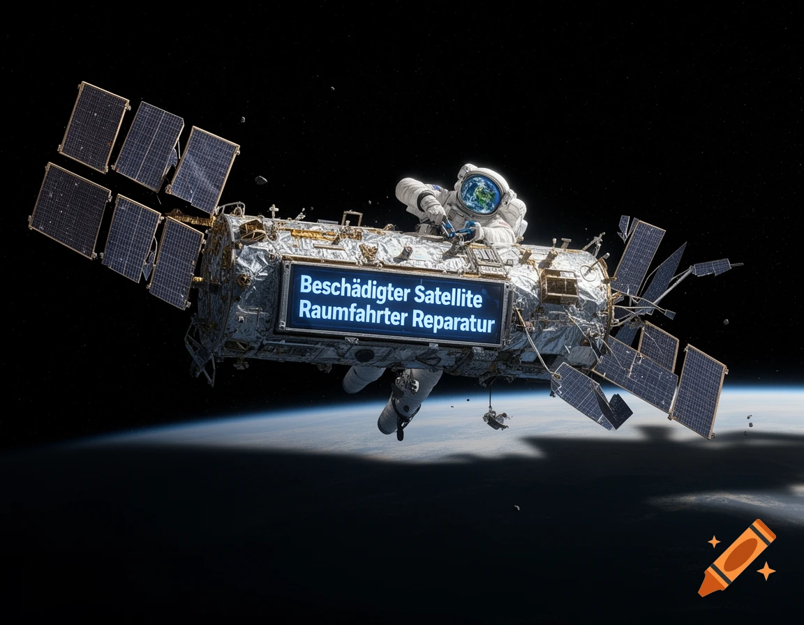 An astronaut performing repairs on a damaged satellite in orbit above Earth, rendered in a photorealistic style.