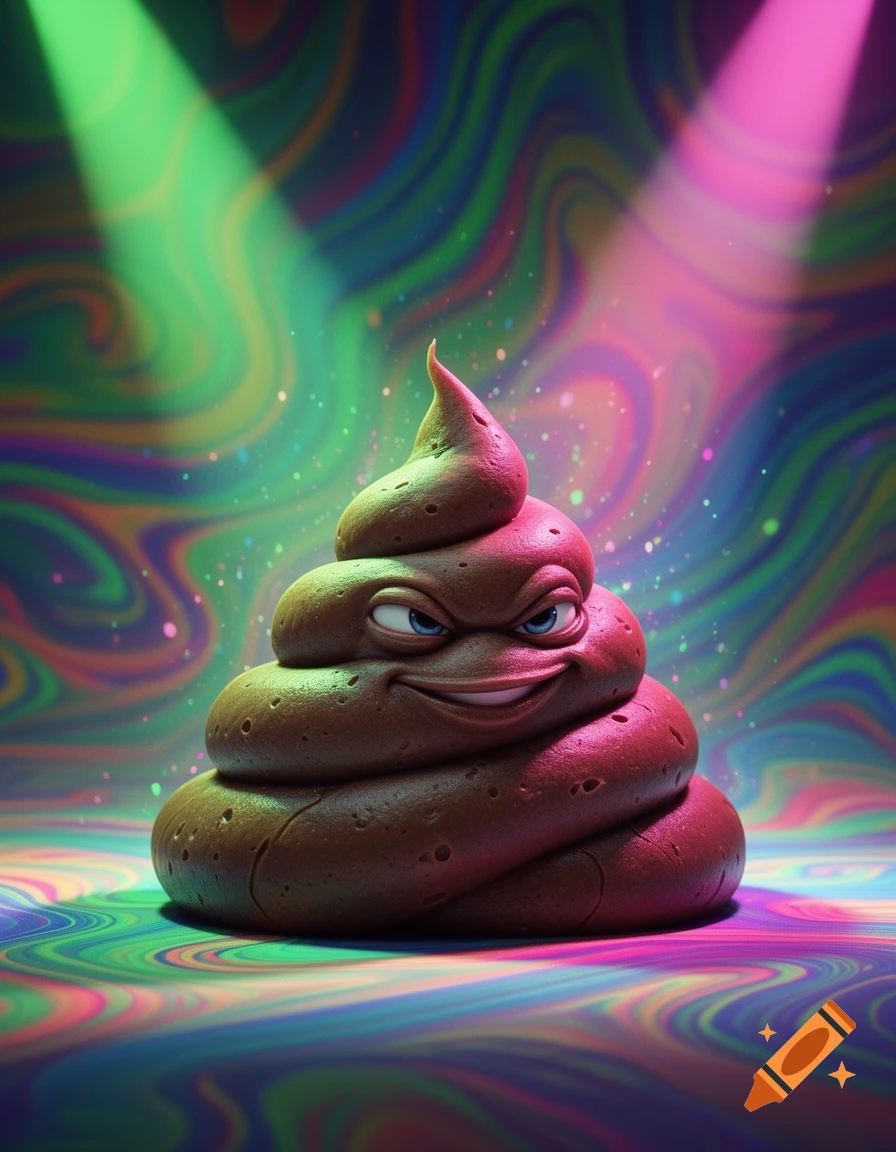 A cartoon pile of poop with blue eyes and a smug smile, illuminated by green and pink spotlights against a swirling psychedelic background.