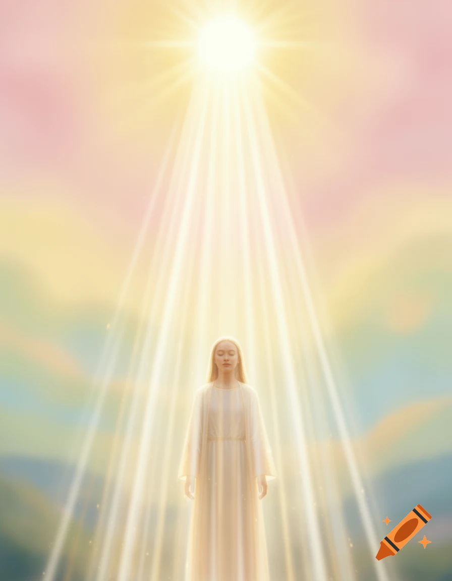 A young person stands bathed in warm, ethereal light emanating from above, against a soft pastel sky.