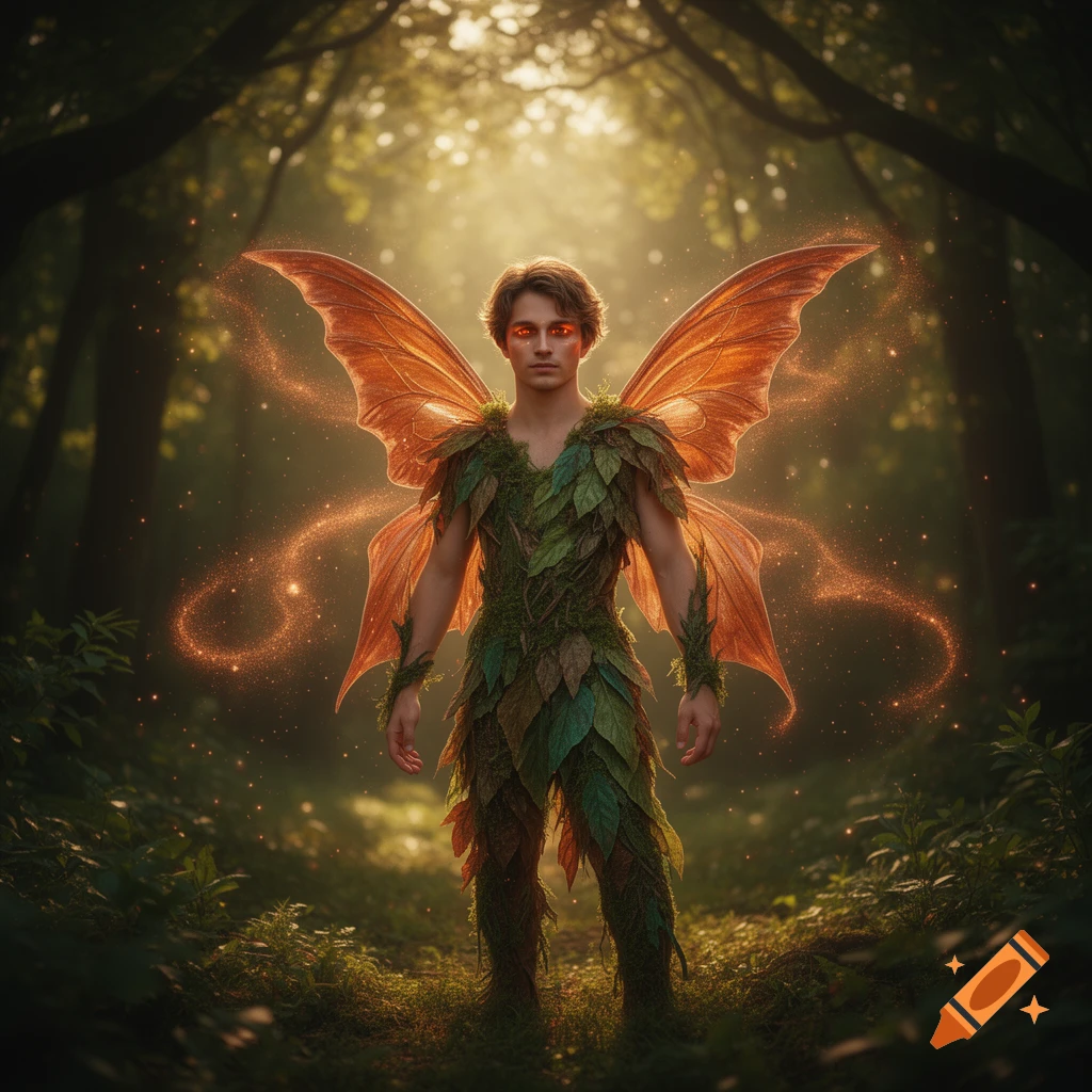 A male Earth fairy with glowing copper eyes, large copper wings, and natural leaf clothing stands in a sunlit forest, surrounded by shimmering fairy dust.