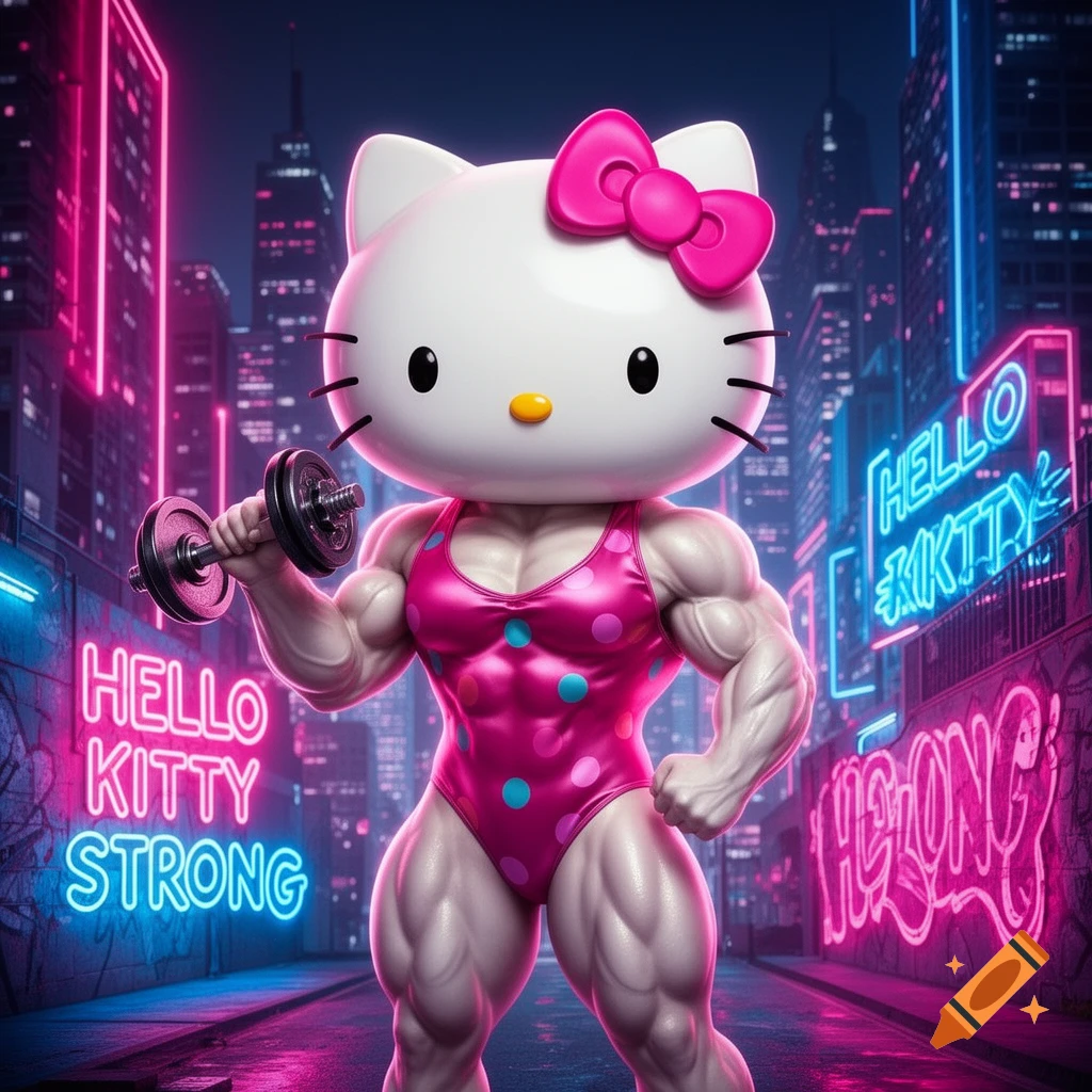 A muscular Hello Kitty in a pink polka-dot leotard lifts a dumbbell in ...