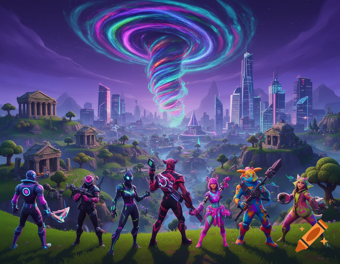 Six colorful, stylized characters in a Fortnite-like world, with a futuristic city, ancient ruins, and a swirling cosmic vortex in the background.